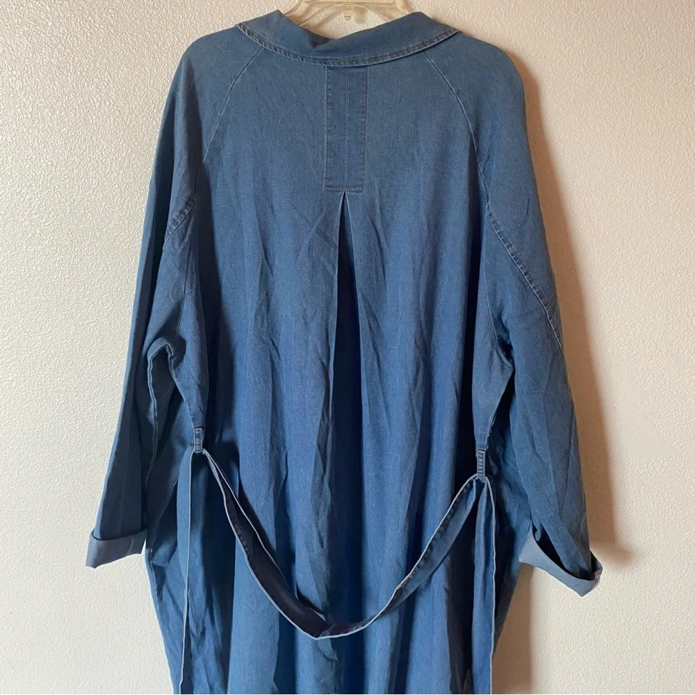 AA Highlight Blue Denim Maxi Trench Coat Jean Dress Jacket Womens 3X waist tie - Picture 6 of 13